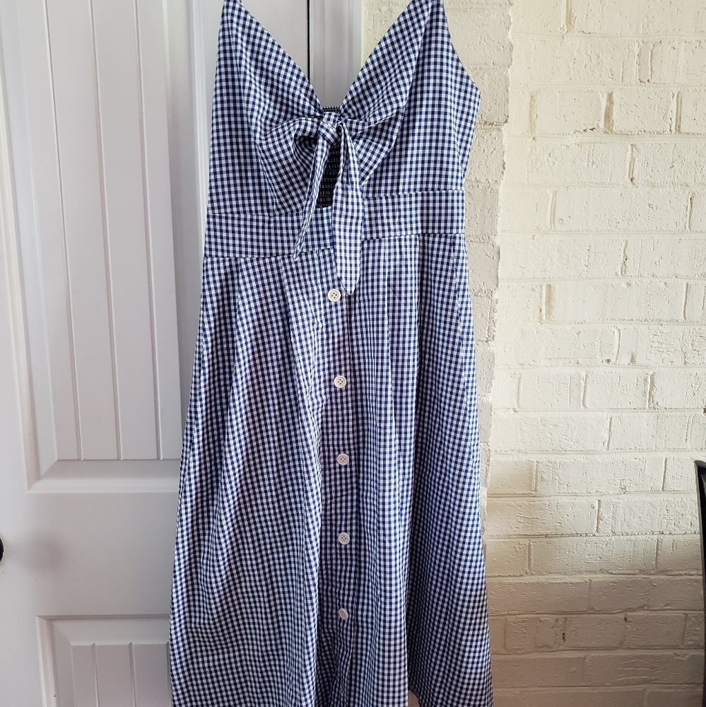 Plaid/Gingham blue tie-front cut-out lined midi sundress